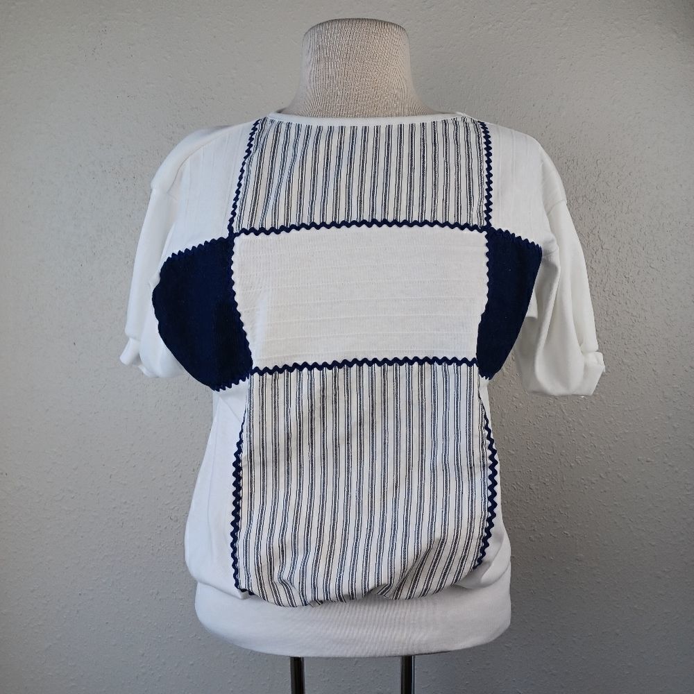 Vintage D.K. Gold Women's Blue and White Patchwork 💙 Shirt Size M